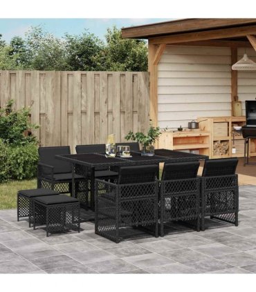 vidaXL 11 Piece Garden Dining Set with Cushions Black Poly Rattan