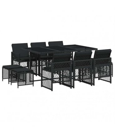 vidaXL 11 Piece Garden Dining Set with Cushions Black Poly Rattan