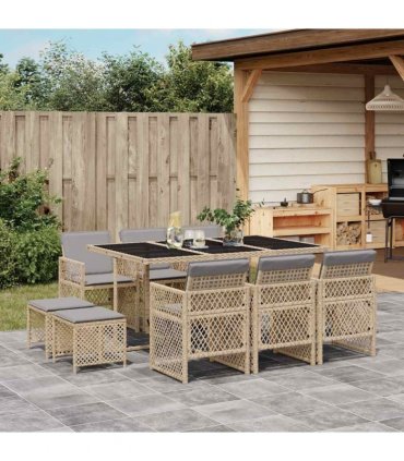 vidaXL 11 Piece Garden Dining Set with Cushions Beige Poly Rattan