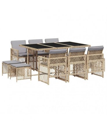 vidaXL 11 Piece Garden Dining Set with Cushions Beige Poly Rattan