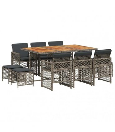 vidaXL 11 Piece Garden Dining Set with Cushions Grey Poly Rattan