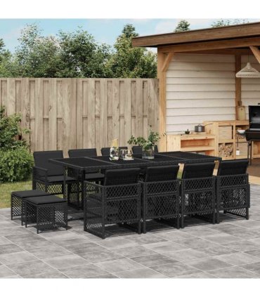 vidaXL 13 Piece Garden Dining Set with Cushions Black Poly Rattan