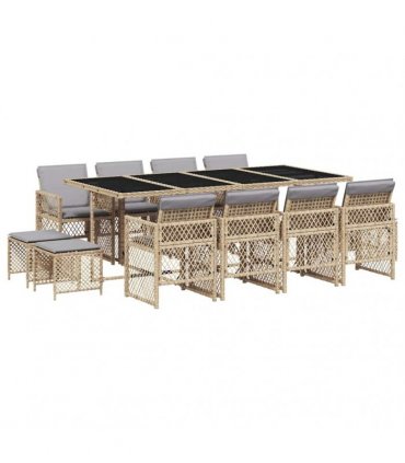 vidaXL 13 Piece Garden Dining Set with Cushions Beige Poly Rattan