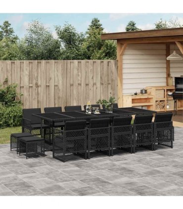 vidaXL 15 Piece Garden Dining Set with Cushions Black Poly Rattan