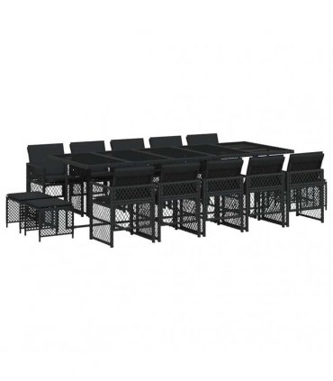 vidaXL 15 Piece Garden Dining Set with Cushions Black Poly Rattan