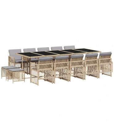 vidaXL 15 Piece Garden Dining Set with Cushions Beige Poly Rattan