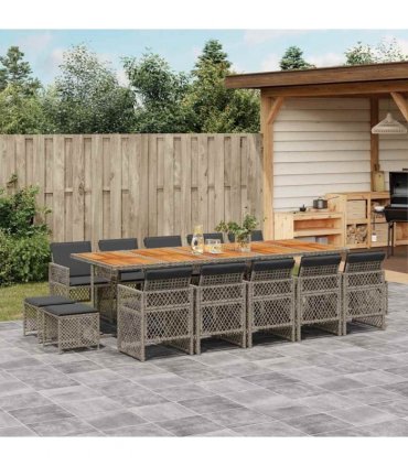vidaXL 15 Piece Garden Dining Set with Cushions Grey Poly Rattan