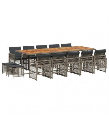 vidaXL 15 Piece Garden Dining Set with Cushions Grey Poly Rattan