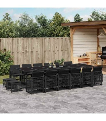 vidaXL 17 Piece Garden Dining Set with Cushions Black Poly Rattan