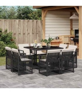 vidaXL 9 Piece Garden Dining Set with Cushions Black Poly Rattan