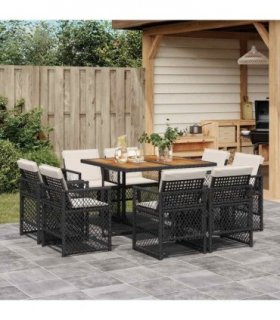 vidaXL 9 Piece Garden Dining Set with Cushions Black Poly Rattan