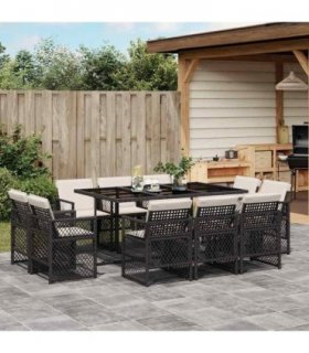 vidaXL 11 Piece Garden Dining Set with Cushions Black Poly Rattan