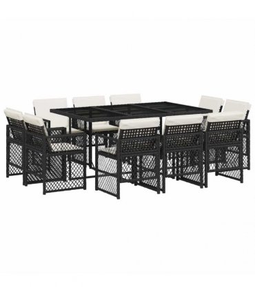 vidaXL 11 Piece Garden Dining Set with Cushions Black Poly Rattan