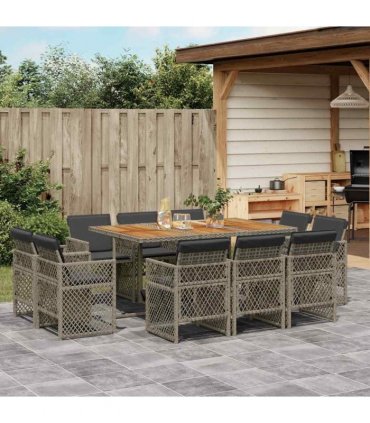 vidaXL 11 Piece Garden Dining Set with Cushions Grey Poly Rattan
