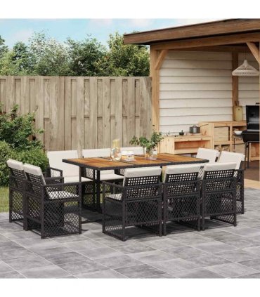 vidaXL 11 Piece Garden Dining Set with Cushions Black Poly Rattan
