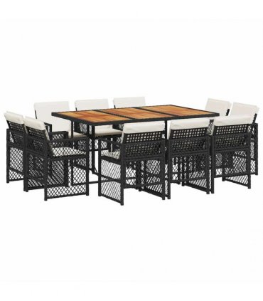 vidaXL 11 Piece Garden Dining Set with Cushions Black Poly Rattan