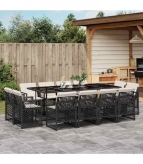 vidaXL 13 Piece Garden Dining Set with Cushions Black Poly Rattan