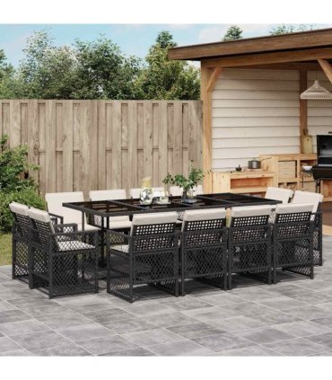 vidaXL 13 Piece Garden Dining Set with Cushions Black Poly Rattan