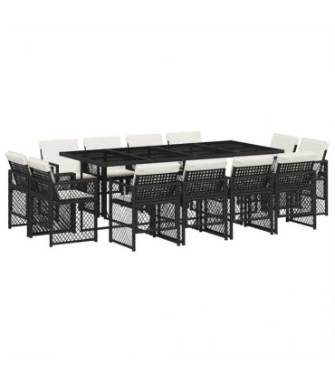 vidaXL 13 Piece Garden Dining Set with Cushions Black Poly Rattan