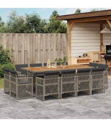 vidaXL 13 Piece Garden Dining Set with Cushions Grey Poly Rattan