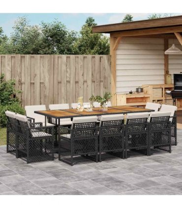vidaXL 13 Piece Garden Dining Set with Cushions Black Poly Rattan