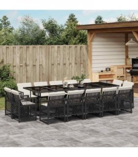 vidaXL 15 Piece Garden Dining Set with Cushions Black Poly Rattan