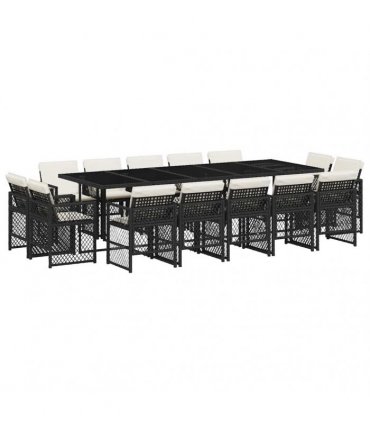 vidaXL 15 Piece Garden Dining Set with Cushions Black Poly Rattan