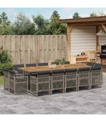 vidaXL 15 Piece Garden Dining Set with Cushions Grey Poly Rattan