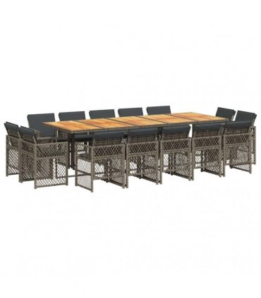 vidaXL 15 Piece Garden Dining Set with Cushions Grey Poly Rattan