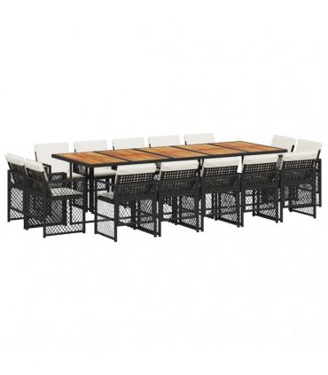 vidaXL 15 Piece Garden Dining Set with Cushions Black Poly Rattan