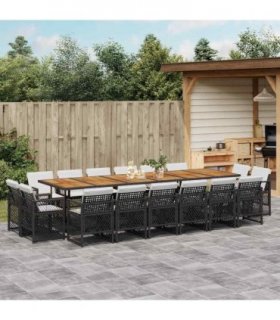 vidaXL 17 Piece Garden Dining Set with Cushions Black Poly Rattan