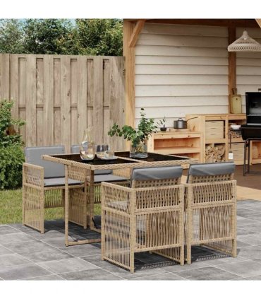 vidaXL 5 Piece Garden Dining Set with Cushions Mix Beige Poly Rattan