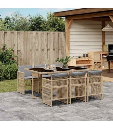 vidaXL 7 Piece Garden Dining Set with Cushions Mix Beige Poly Rattan