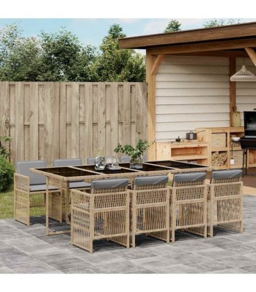 vidaXL 9 Piece Garden Dining Set with Cushions Mix Beige Poly Rattan