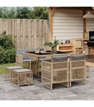 vidaXL 9 Piece Garden Dining Set with Cushions Mix Beige Poly Rattan