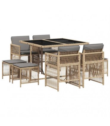 vidaXL 9 Piece Garden Dining Set with Cushions Mix Beige Poly Rattan