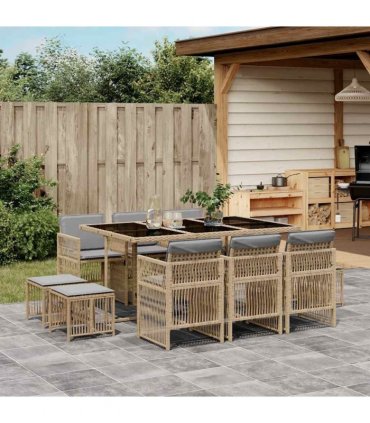 vidaXL 11 Piece Garden Dining Set with Cushions Mix Beige Poly Rattan