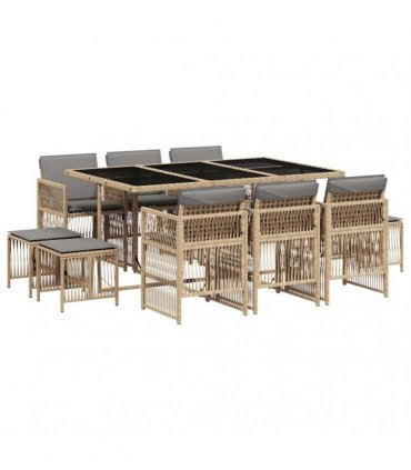 vidaXL 11 Piece Garden Dining Set with Cushions Mix Beige Poly Rattan