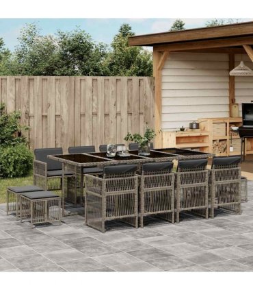 vidaXL 13 Piece Garden Dining Set with Cushions Grey Poly Rattan