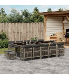 vidaXL 15 Piece Garden Dining Set with Cushions Grey Poly Rattan