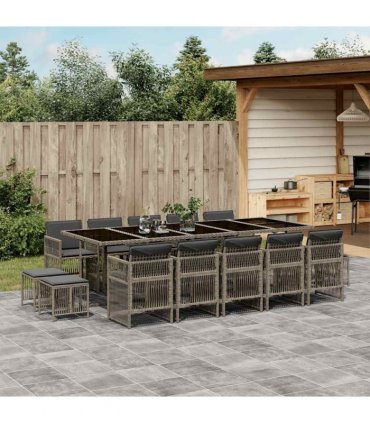 vidaXL 15 Piece Garden Dining Set with Cushions Grey Poly Rattan