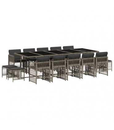vidaXL 15 Piece Garden Dining Set with Cushions Grey Poly Rattan