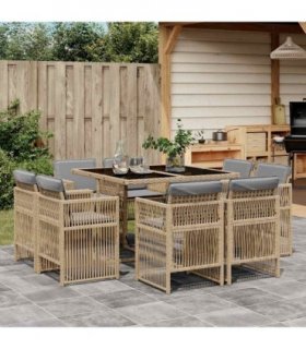 vidaXL 9 Piece Garden Dining Set with Cushions Mix Beige Poly Rattan