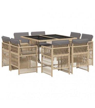 vidaXL 9 Piece Garden Dining Set with Cushions Mix Beige Poly Rattan
