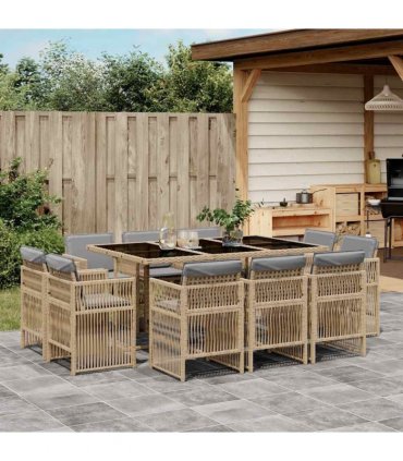 vidaXL 11 Piece Garden Dining Set with Cushions Mix Beige Poly Rattan