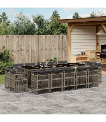 vidaXL 15 Piece Garden Dining Set with Cushions Grey Poly Rattan