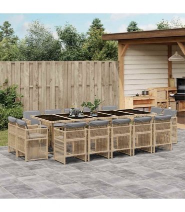 vidaXL 15 Piece Garden Dining Set with Cushions Mix Beige Poly Rattan