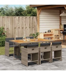 vidaXL 7 Piece Garden Dining Set with Cushions Grey Poly Rattan