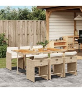 vidaXL 7 Piece Garden Dining Set with Cushions Beige Poly Rattan
