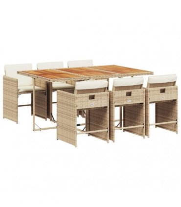 vidaXL 7 Piece Garden Dining Set with Cushions Beige Poly Rattan